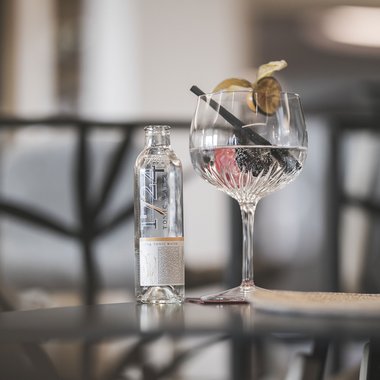 Il nostro programma estivo settimanale Bottiglia di tonica accanto a bicchiere con cocktail, bacche e fetta di lime