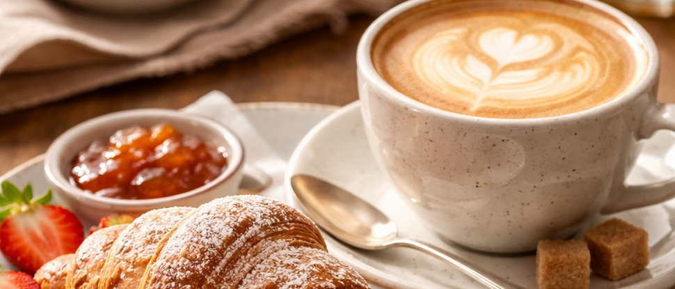 Our 5-star hotel in Italy between heaven and earth Croissant with butter, jam, strawberries, and cappuccino on wooden table