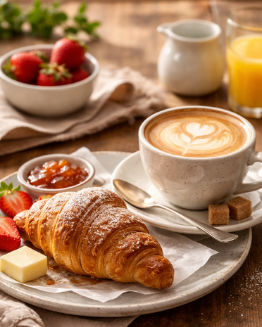 Aktuelle News und Geschichten aus Olang Croissant mit Butter, Marmelade, Erdbeeren und Cappuccino auf Holztisch