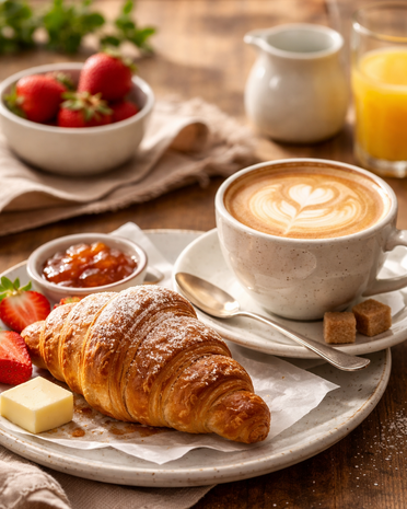 Current news and stories from Olang Croissant with butter, jam, strawberries, and cappuccino on wooden table