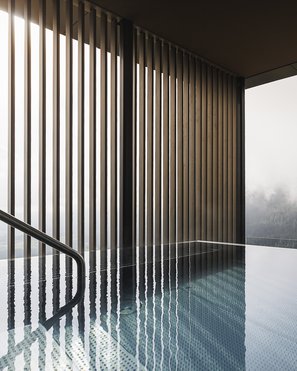 Heaven & Hell, unser neues Highlight Moderner Innenpool mit Glaswand und Blick auf nebligen Wald