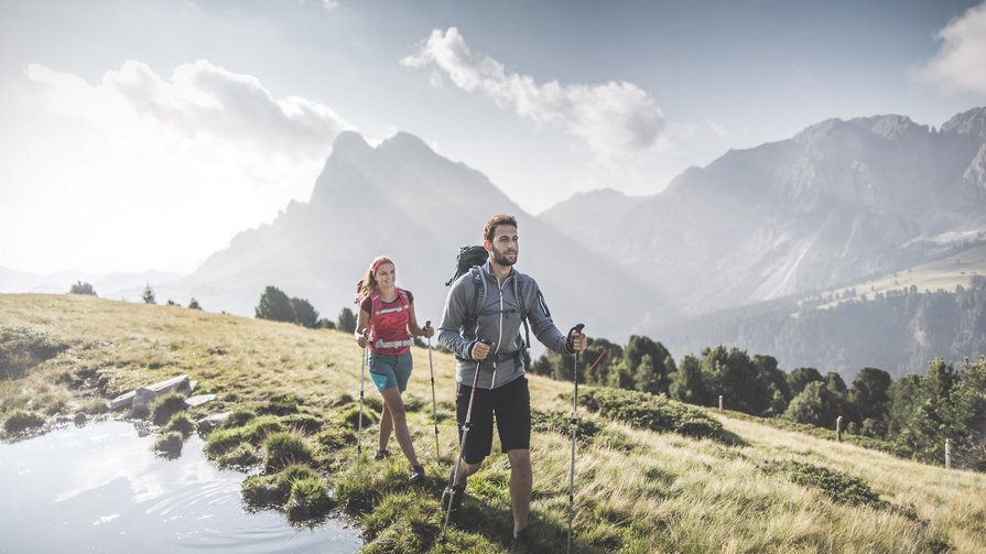 Sommerurlaub am Kronplatz: unvergesslich Zwei Wanderer mit Rucksäcken und Stöcken auf Bergwiese bei Sonnenschein