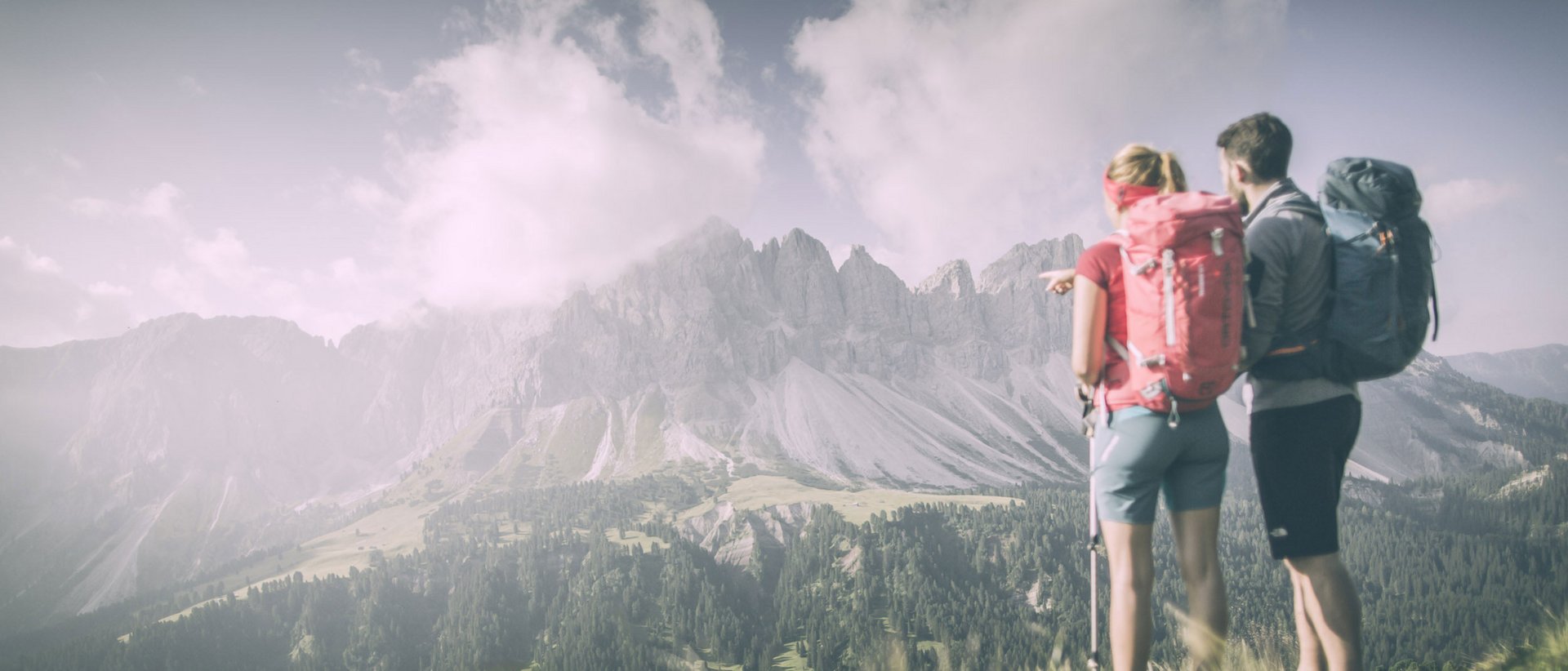 Ein Wanderurlaub bei den Spezialisten Wanderer mit Rucksäcken blicken auf bewaldete Berge unter bewölktem Himmel