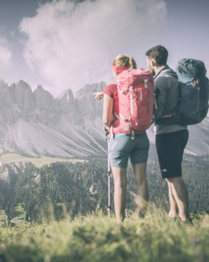 Our hotel vouchers: South Tyrol in gift size Hikers with backpacks looking at forested mountains under cloudy sky